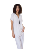 Women's White V-Neck Tunic Top with Black Zip Detail | Short Sleeve, Relaxed Fit Blouse