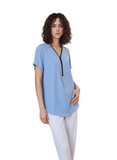 Chic Light Blue V-Neck Tunic Blouse for Women - Relaxed Fit Short Sleeve Top with Zipper Detail