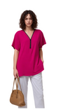 Chic Fuchsia Pink Zip-Front V-Neck Top for Women - Short Sleeve & Relaxed Fit Blouse