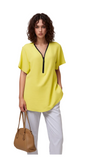 Vibrant Yellow V-Neck Tunic Top for Women - Stylish Short Sleeve Blouse with Black Zipper