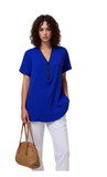 Royal Blue Zipper V-Neck Blouse for Women - Short Sleeve Relaxed Fit Tunic Top