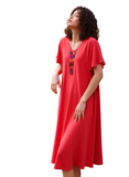 Coral Midi Dress for Women | Elegant Short Sleeve Flowy Dress with Statement Necklace Included