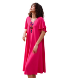 Women's Elegant Pink Flutter Sleeve Midi Dress With Necklace | V-Neck Flowy A-Line Summer Casual