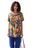 Vibrant Multicolor Floral Print Lightweight Blouse for Women - Scoop Neck Short Sleeve Top