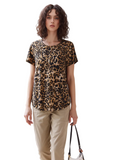 Chic Tan & Black Leopard Print Short Sleeve Top for Women - Stylish Scoop Neck Blouse