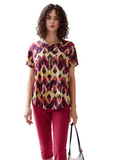 Vibrant Multicolor Geometric Print Short Sleeve Blouse for Women - Chic Ikat Pattern Top in Yellow, Fuchsia & Purple