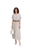 Elegant Beige V-Neck Midi Dress for Women | Short Sleeve Casual A-Line Flowy Summer Dress