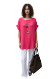 Vibrant Fuchsia Textured Cotton Top - Women's Relaxed Fit Short Sleeve Blouse
