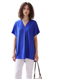 Chic Royal Blue V-Neck Short Sleeve Tunic Blouse for Women - Relaxed Fit Everyday Top