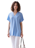 Women's Sky Blue V-Neck Short Sleeve Tunic Top - Loose Fit Casual Everyday Blouse