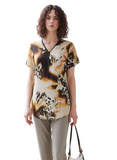 Women's Abstract Animal Print V-Neck Short Sleeve Blouse - Brown, Beige, Black & Orange Flowy Top