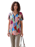 Women's Multicolor Abstract Print V-Neck Blouse, Short Sleeve Casual Summer Top, Vibrant Leaf Pattern