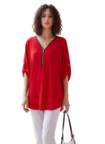 Women's Chic Red Batwing Sleeve Blouse - Zipper V-Neck Casual Loose Tunic Top with Roll-Up Cuffs