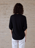 Women's Black V-Neck Zip Blouse | Casual Dolman Sleeve Top with Roll-Tab Sleeves | Everyday Chic