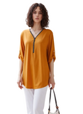 Women's Mustard Yellow V-Neck Zipper Tunic Blouse | 3/4 Roll-Tab Sleeves & Relaxed Fit Top