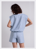Chic Light Blue Polka Dot Two-Piece Shorts Set for Women - Sleeveless Zipper Blouse & High-Waist Shorts Summer Outfit