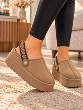 Taupe Platform Faux Suede Mule Clogs with Adjustable Slingback Strap