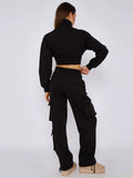 Women's Black Cropped Zip-Up Jacket & Cargo Pants Set