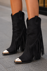 Women's Black Suede Fringe Cowboy Boots with Gold Pointed Toe - Western Style Mid-Calf Block Heel