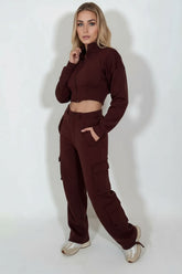 Women's Chocolate Brown Crop Jacket & Cargo Pants Set