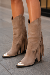 Women's Suede Fringe Western Cowboy Boots with Gold Toe Cap | Mid-Calf Pointed Toe Chunky Heel Taupe