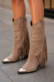 Women's Suede Fringe Western Cowboy Boots with Gold Toe Cap | Mid-Calf Pointed Toe Chunky Heel Taupe