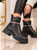 Womens Black Diamante Charm Chunky Ankle Boots