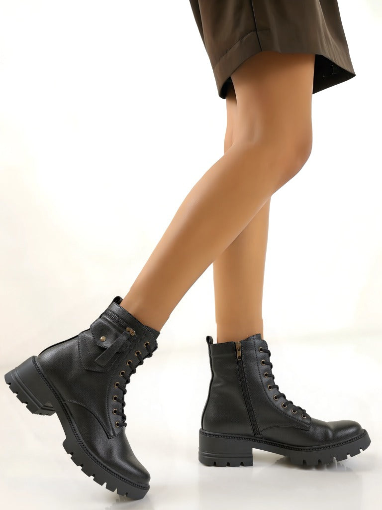 Black Combat Boots - Lace-Up Ankle Boots for Women