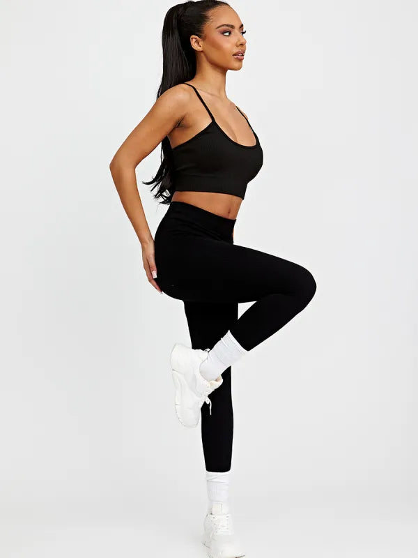 Black Super Stretchy Thick Ribbed Seamless High Waisted Gym Leggings –