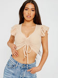 Stone Cap Sleeve Ruched Front Ribbed Crop Top