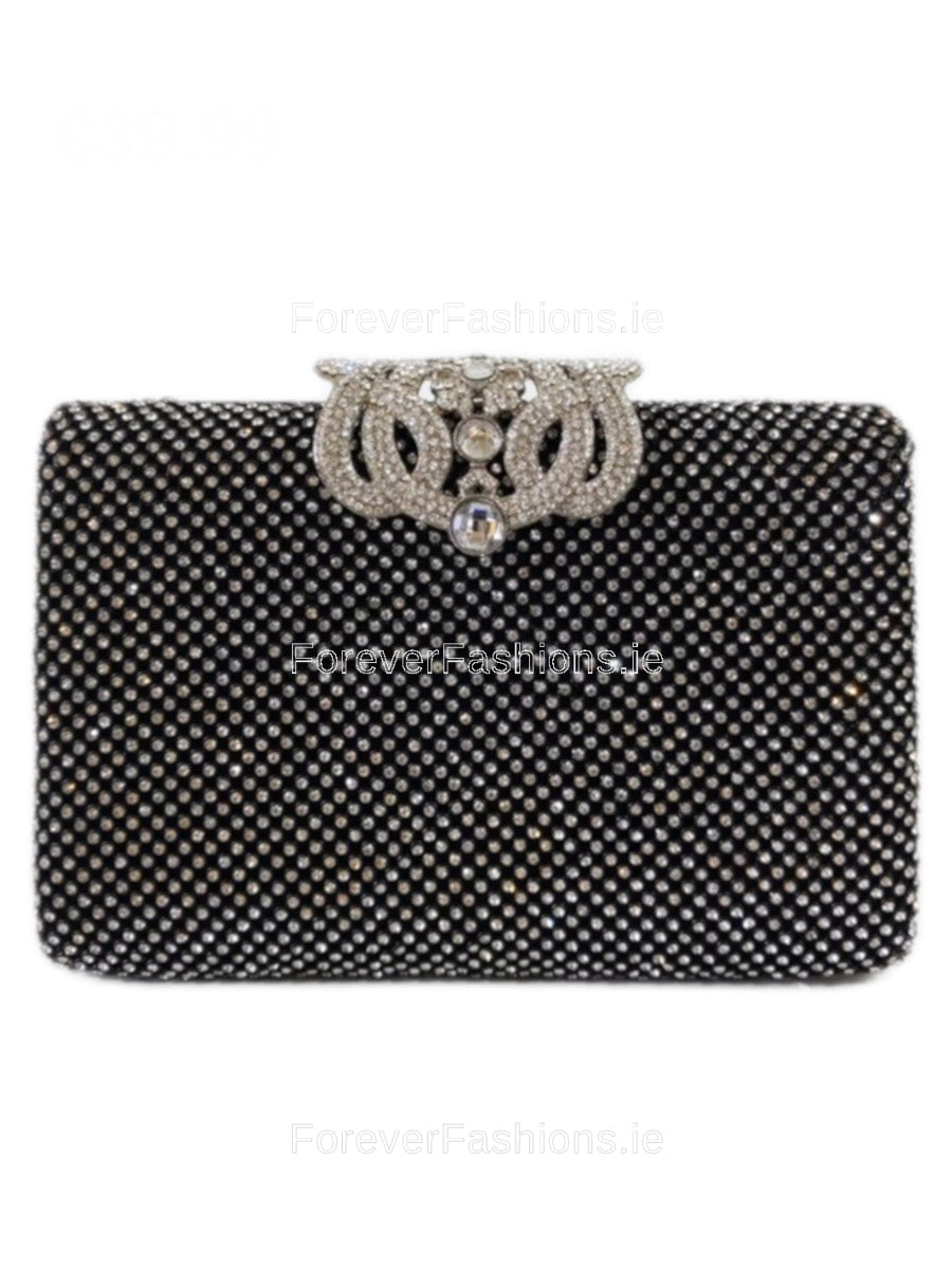 Black Diamante Embellished Diamond Design Clutch Bag