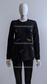 Black Feather Design Fluffy Jumper