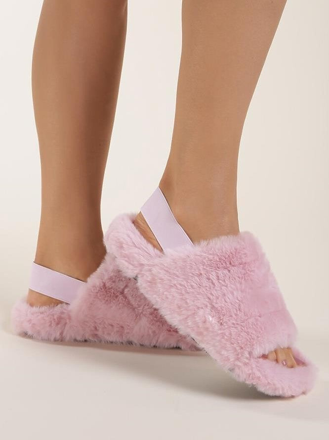 Dusty Pink Faux Fur Fluffy Slippers with Strap