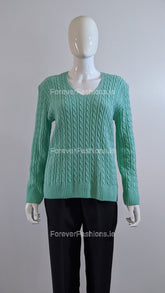Green V-Neck Cable Knit Jumper
