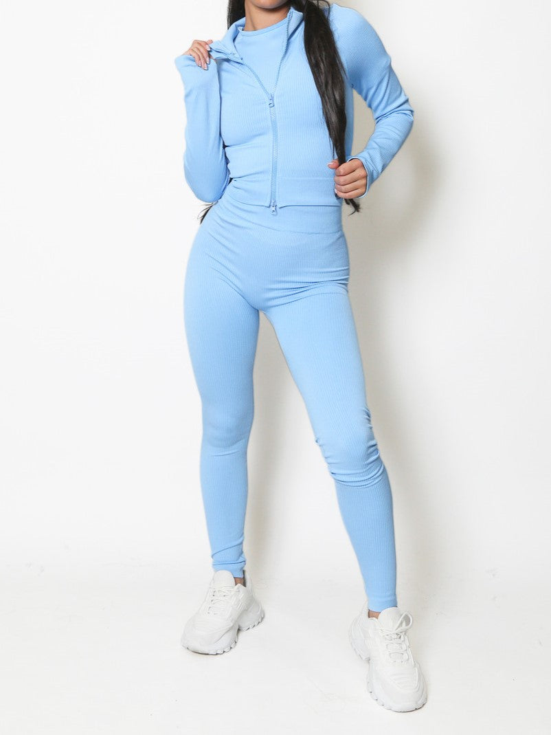 Baby Blue Zip Jacktet Ribbed Seamless Two Piece Gym Set