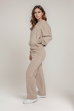 Beige Bomber Style Jacket & Wide Leg Bottoms Co-ord Loungewear Set