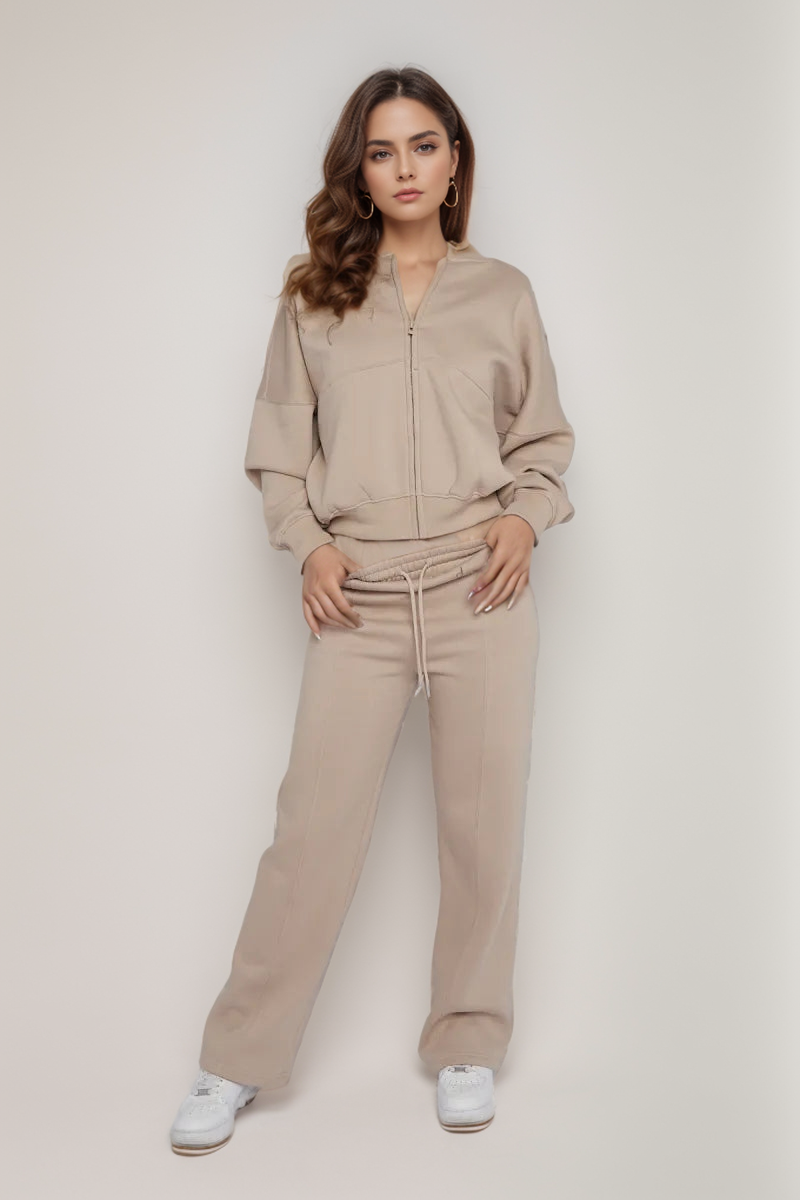 Beige Bomber Style Jacket & Wide Leg Bottoms Co-ord Loungewear Set
