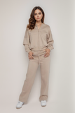 Beige Bomber Style Jacket & Wide Leg Bottoms Co-ord Loungewear Set