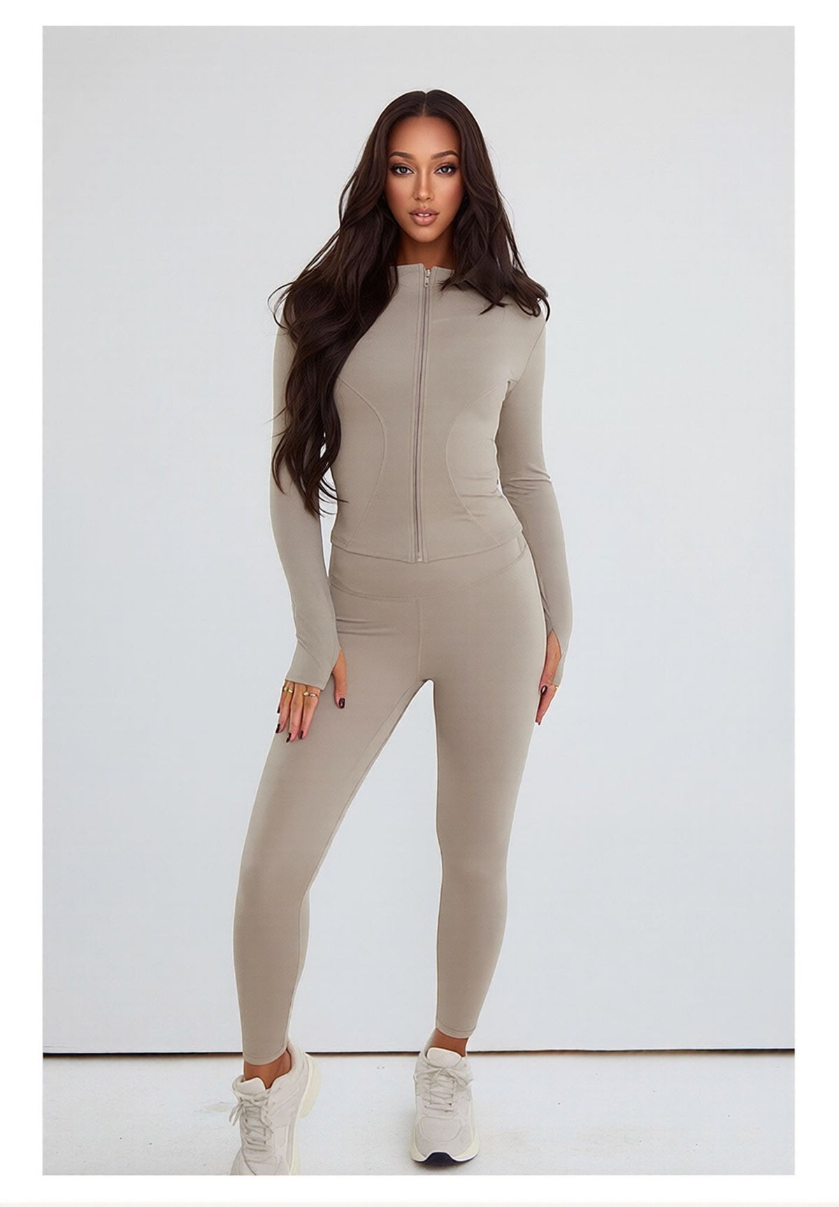 Beige Contour Sculpt Leggings and Sports Jacket Co-Ord