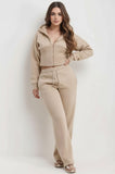 Beige Corset Cropped Zip-Up Hoodie & Wide Leg Joggers Loungewear Set