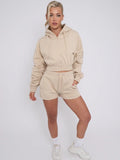 Beige Cropped Ruched Sleeve Hoodie & Shorts Loungewear Co-ord