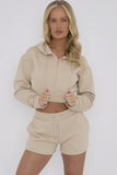 Beige Cropped Zip Up Hoodie & Shorts Loungewear Co-ord