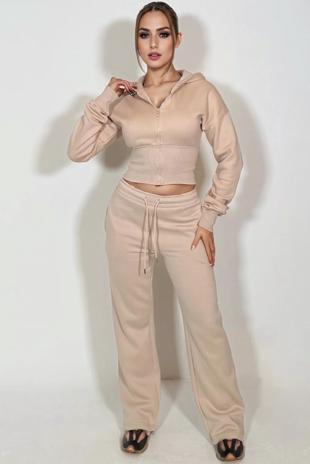 Beige Cropped Zip Up Sweatshirt & Wide Leg Joggers Loungewear Tracksuit