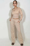 Beige Cropped Zip Up Sweatshirt & Wide Leg Joggers Loungewear Tracksuit