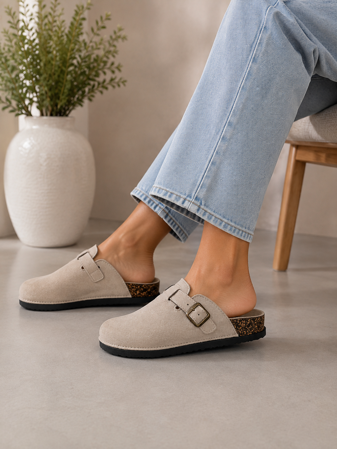 Beige Everyday Comfort Mules Faux Suede Buckle Clogs with Cork Footbed
