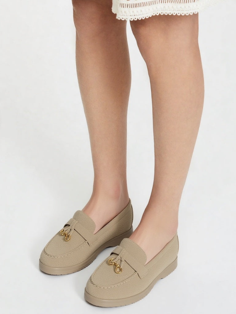 Beige Faux Suede Loafers with Tassel Detail