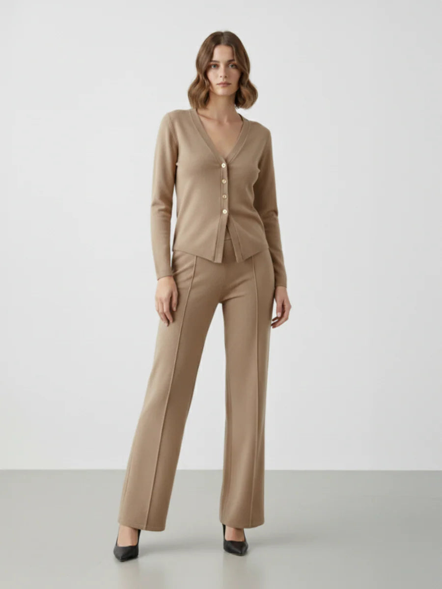 Beige Gold Button Front Long Sleeve Top & Straight Leg Pants Co-ord Set