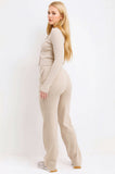 Beige Ribbed Front Button Detail Top & Wide Leg Trouser Loungewear Co-ord