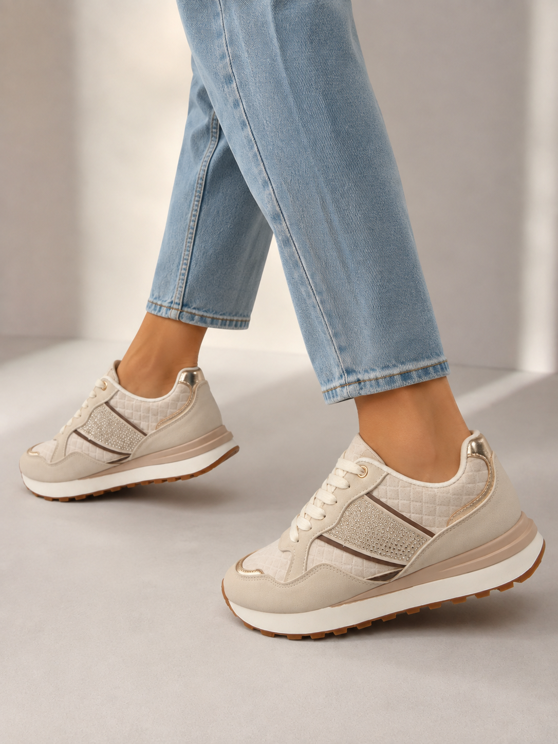 Beige Sparkle Panel Fashion Comfortable Trainers with Metallic Trim