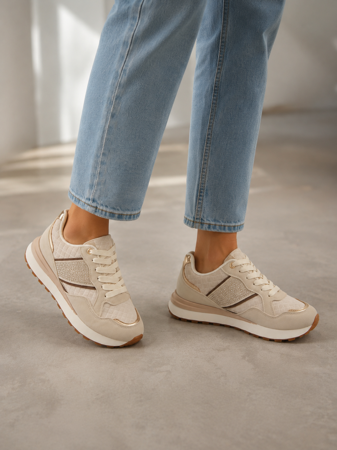 Beige Sparkle Panel Fashion Comfortable Trainers with Metallic Trim